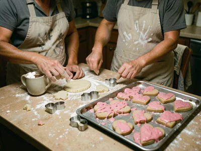 A kitchen counter dusted with flour where two people have been baking heart-shap