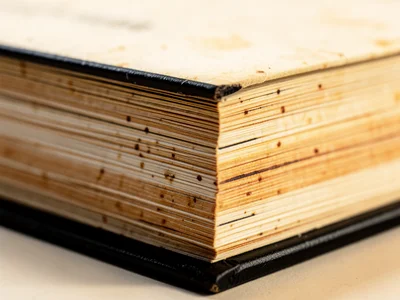 Black-stained page edges on a gothic novel, dramatic solid black book edge contr