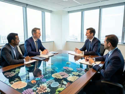 Office meeting but table reflection shows underwater coral reef