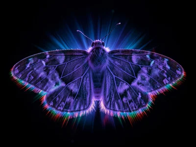A moth wing pressed flat, corona discharge mapping the wing veins in blue-violet