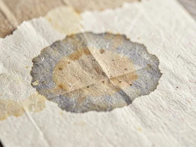 Water-stain ring pooled across newsprint blank leaving a faded grey halo bleedin