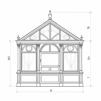 Technical blueprint elevation of a small Victorian glasshouse with dimension lin