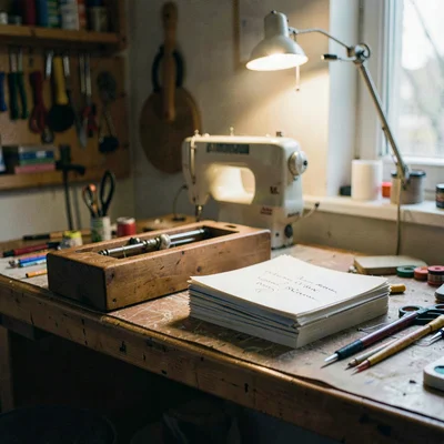 Workshop scene with a sewing frame and stack of signatures, dim warm light