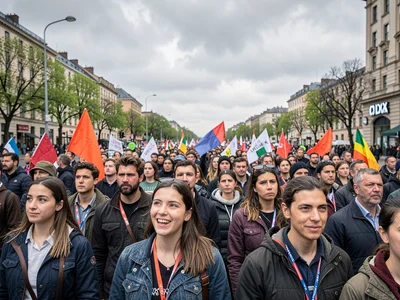 Protesters marching under overcast sky, every face equally legible in soft light