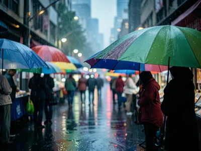 A row of rain-soaked umbrellas at a market, each a different color, water pourin