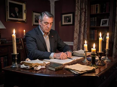 Writer at antique desk surrounded by guttering candles and crumpled pages