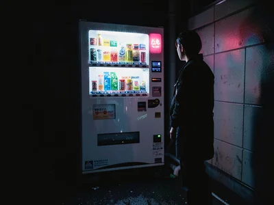 Person staring at vending machine at 4am, not buying, just standing in the light