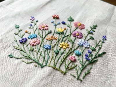 Embroidered spring meadow scene on linen, French knot wildflowers, chain stitch 