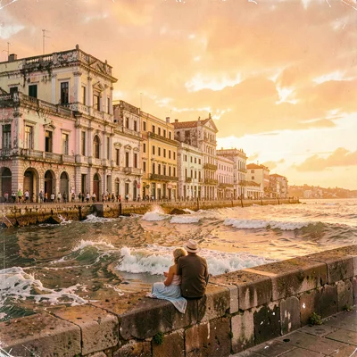 Faded pastel decay of Havana, Cuba, Malecon at sunset, couple sitting on seawall