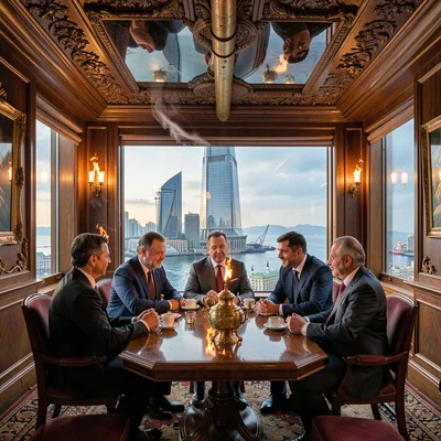 Oil-baron nouveau meeting Flame Tower modernity in windy Baku, tea house interio
