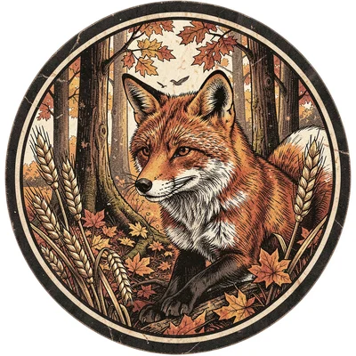 Craft beer label illustration, Fox in autumn forest with barley , brewery label 