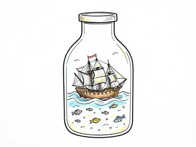 A ship in a bottle, the bottle drawn with simple lines, the ship inside more det