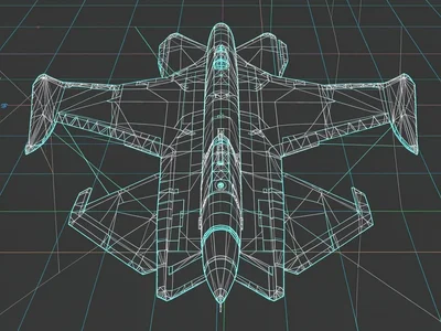 A fighter jet from below, all its panels and control surfaces mapped as a glowin