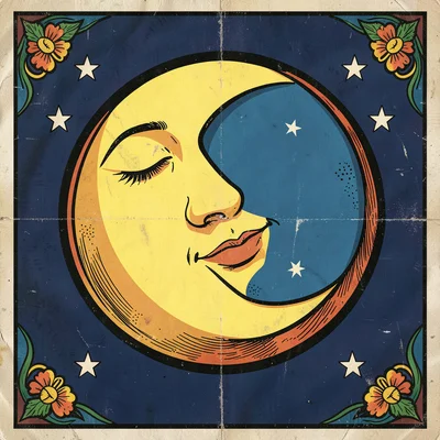 Mexican lotería card illustration, the moon with a serene sleeping face , bold b