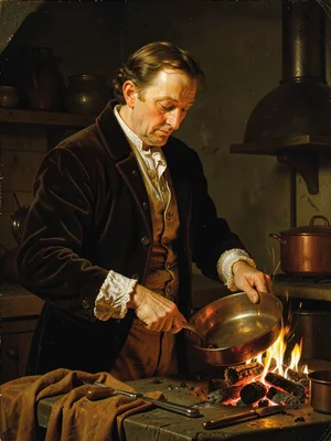 Cook turning a copper pan, kitchen fire the only source, face lit from below in 