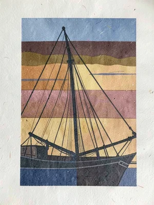 Boat mast rigging against an evening sky, ochre and indigo blocks