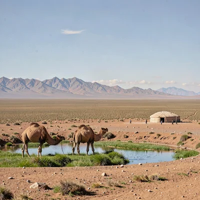 Gobi steppe horizontal, Mongolian vastness, Two camels resting at oasis, green g
