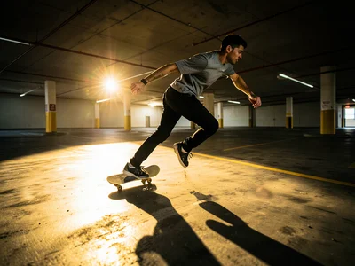 Person skateboarding through empty parking garage, long shadow, golden hour ligh