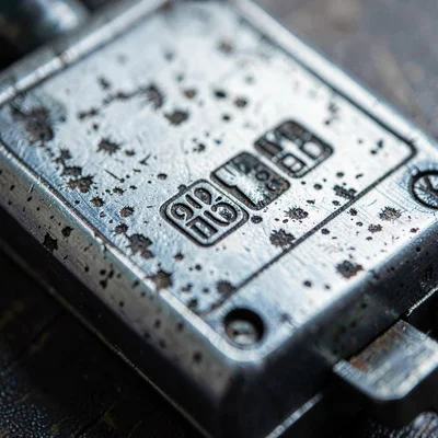 Worn-texture close-up of a steel caseback with deep engraved hallmarks, pitted f
