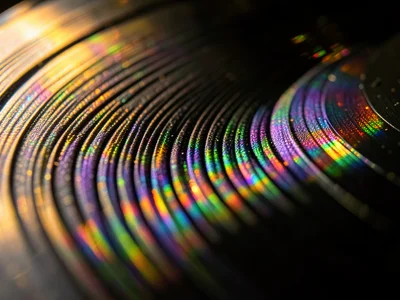 Light reflecting off record surface at low angle, groove pattern creating hologr