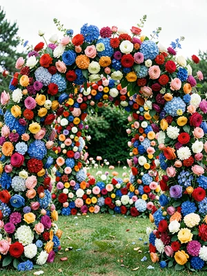 An outdoor wedding arch — flowers packed so densely the structure disappears