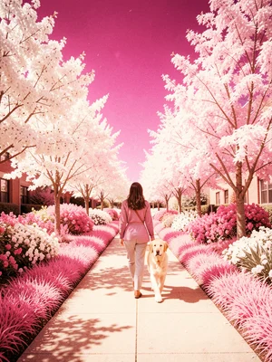 A woman walking a golden retriever down a sidewalk flanked by pink and white gar