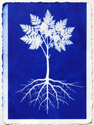 Root system cyanotype, underground branching structure exposed as white dendriti