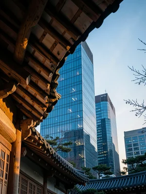 Hanok eaves framing glass tower