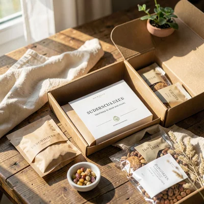 Lifestyle product photograph, Subscription box contents spread out, discovery mo