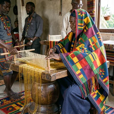 Kumasi kente weaving process, strip loom geometry, Ceremonial kente draped over 