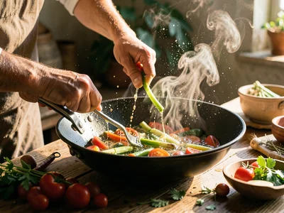 Chef's hands tossing vegetables in a wok over high flame, oil splattering