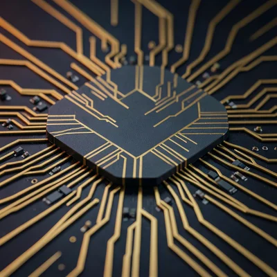 Quantum computing chip extreme close-up, intricate gold pathways on dark silicon