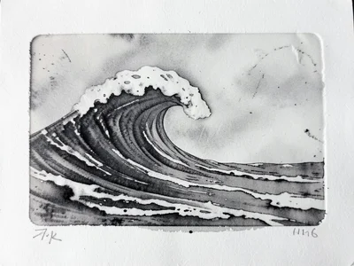 Monoprint of ocean wave, ink giving ghostly foam texture