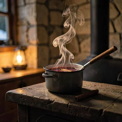 A wood stove top with a small enamel pot of mulled cider steaming at lamp-light 