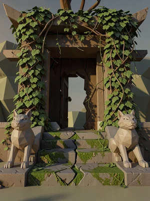 Faceted temple gate half-collapsed under thick green ivy with two stone foxes fl
