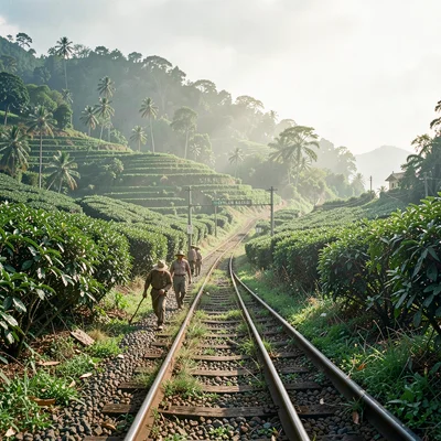 Tropical light on Sri Lankan colonial decay, Tea plantation workers walking alon