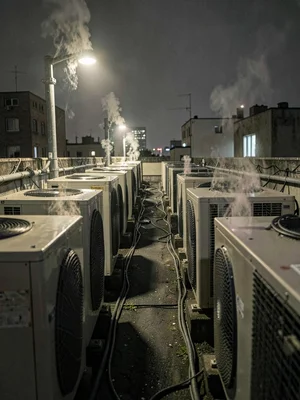 A narrow service path cuts between regimented AC units, each vibrating with impl