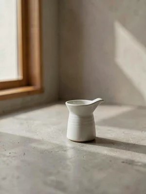 One small ceramic pourer with spout and chalk-white glaze sitting alone on washe
