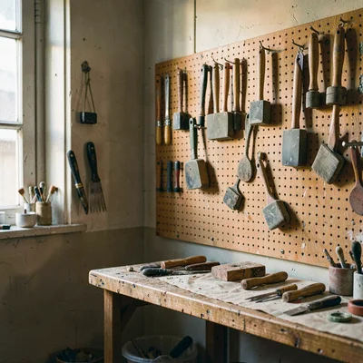 Atmospheric corner of a workshop with a wall of pegboard hung with brayers and b