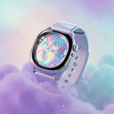 Iridescent oil-slick smartwatch face hovering above a violet-cyan haze, tiny spe
