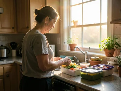 Parent making lunches at dawn, backlit by kitchen window, rim light on tired sho