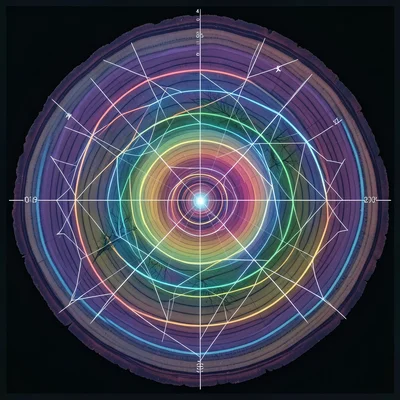 Tree rings in cross-section that mirror planet orbital paths diagram