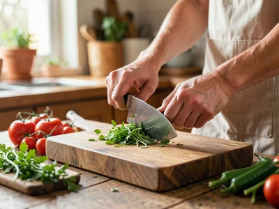 Hands chopping fresh herbs on a wooden cutting board, knife mid-chop, kitchen ba