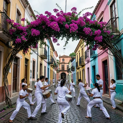 Salvador Pelourinho color, Bahian colonial saturation, Drummers in white clothin