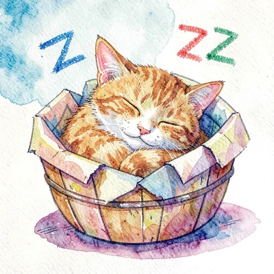 A friendly cat feeling sleepy curled into a torn-paper basket with crayon zzz fl