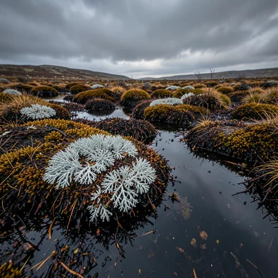 Lichen on peat — pale grey reindeer lichen against a dark wet peat surface after
