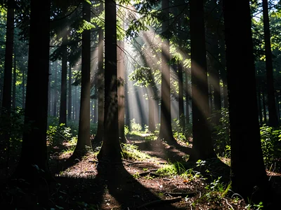 Sunbeam through forest canopy spotlight