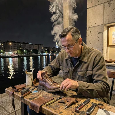 Belgrade brutalist night and Danube reflections, Cobbler at workbench resoling w