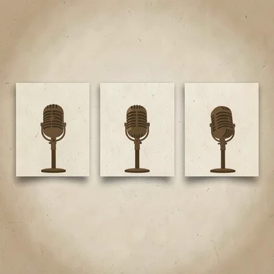 Wide layout of five vintage microphone silhouettes arranged across a banner
