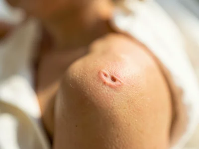 Fresh bite mark on shoulder blade in precise focus, rest of body a warm blur of 